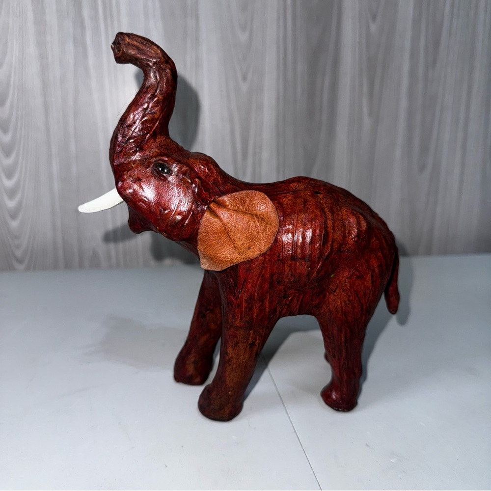 Vintage Leather‎ Wrapped Elephant Sculpture with Tusk and Raised Trunk